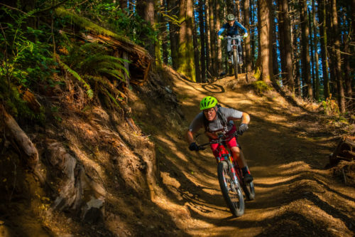 Two mountain bikers ride the "Dude Sweet" trail at Big Creek. Photo credit: Tomas Follett