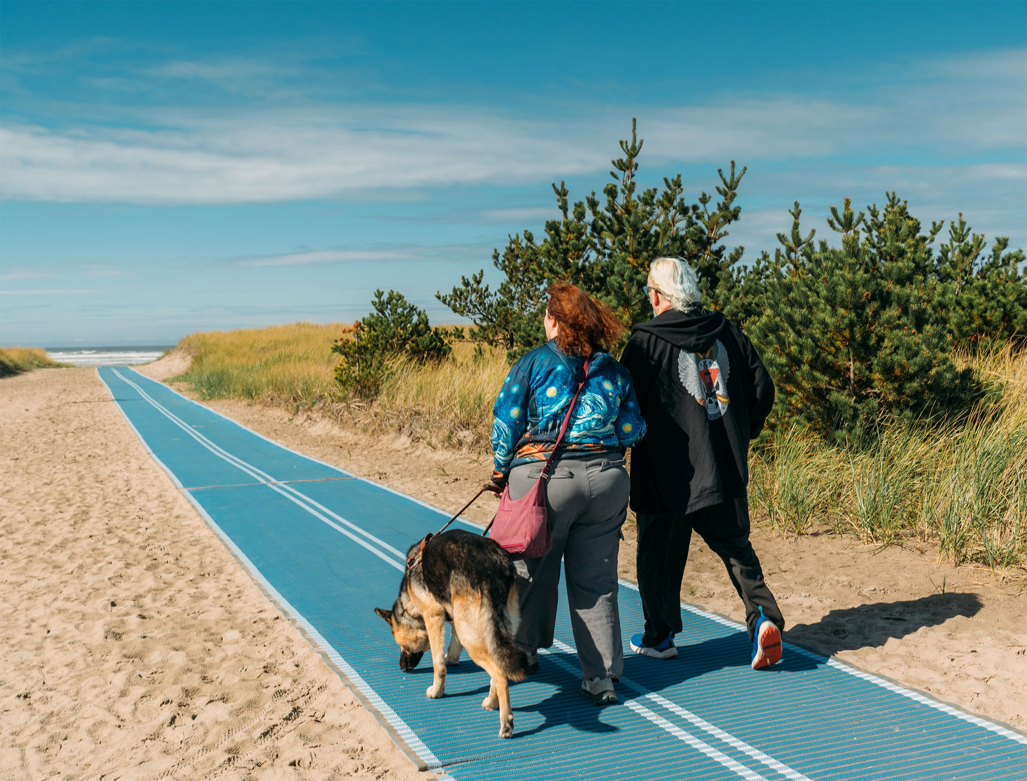 beach mobi path support dog couple