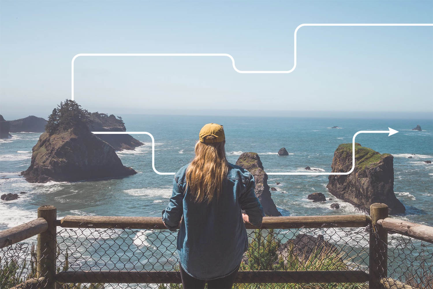 oregon coast viewpoint girl back curvy line