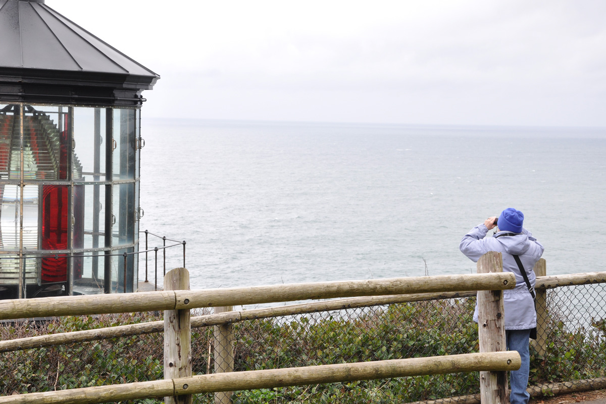 A person standing on a bluff next to a lighthouse looking out into the  ocean with binoculars.