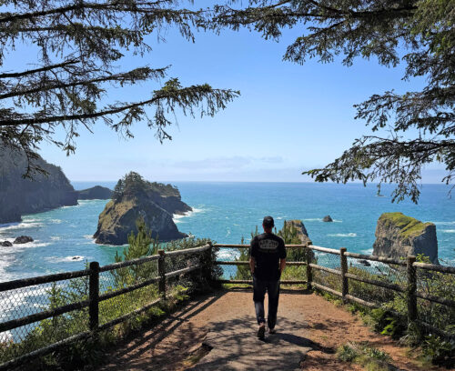 Arch Rock Viewpoint hiker ocean sea stacks