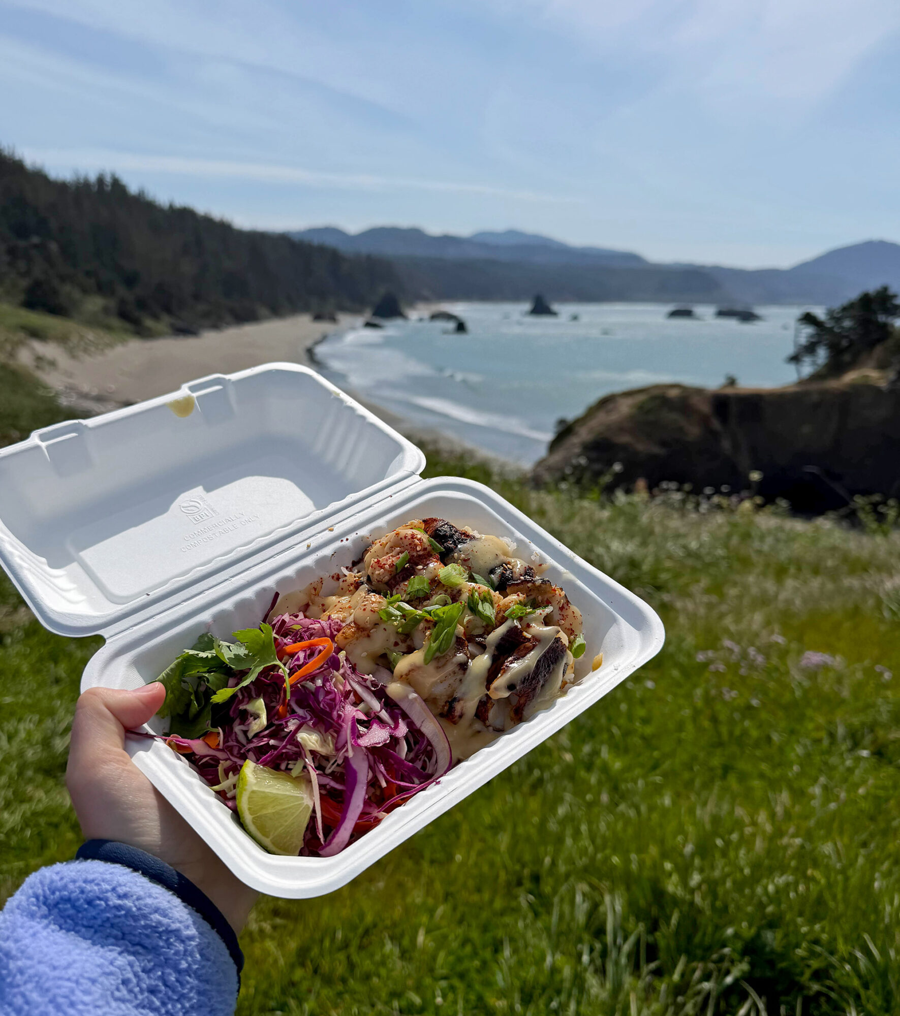 Port Orford Sustainable Seafood takeout lunch coastline sea stacks